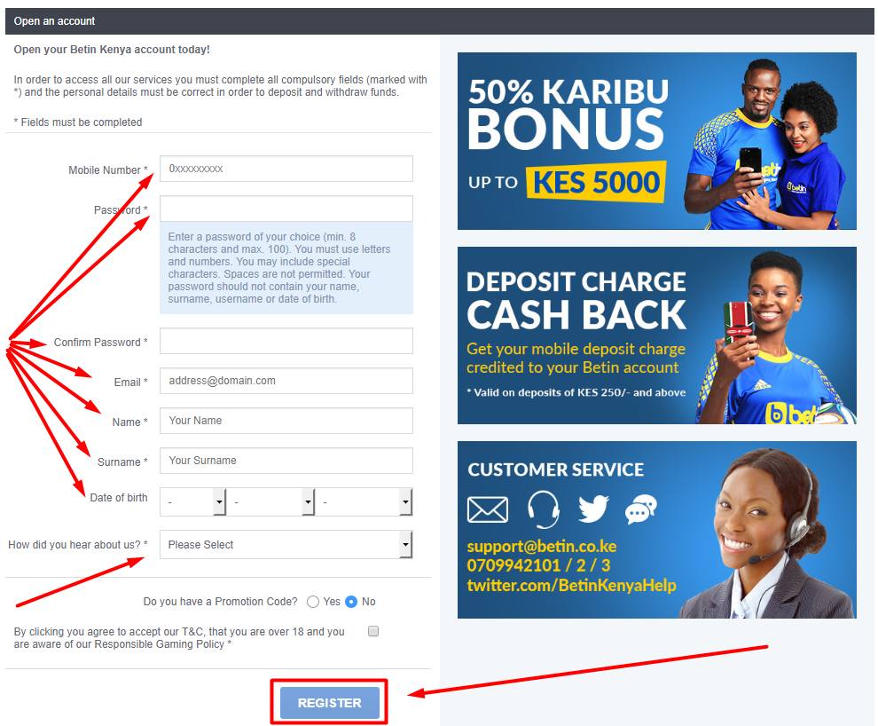 Betin registration form